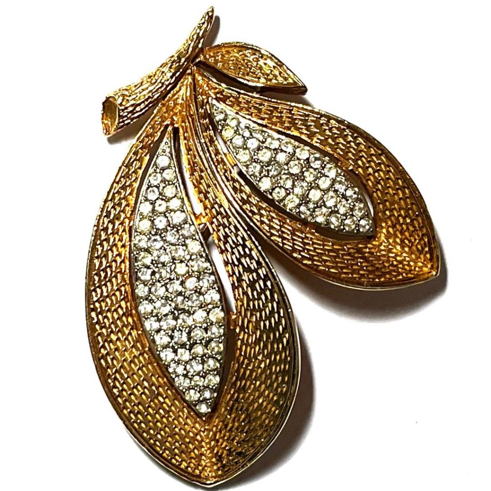 Vintage Mid Century Gold Tone with Clear Pave Rhinestones Double Leaf Brooch Pin